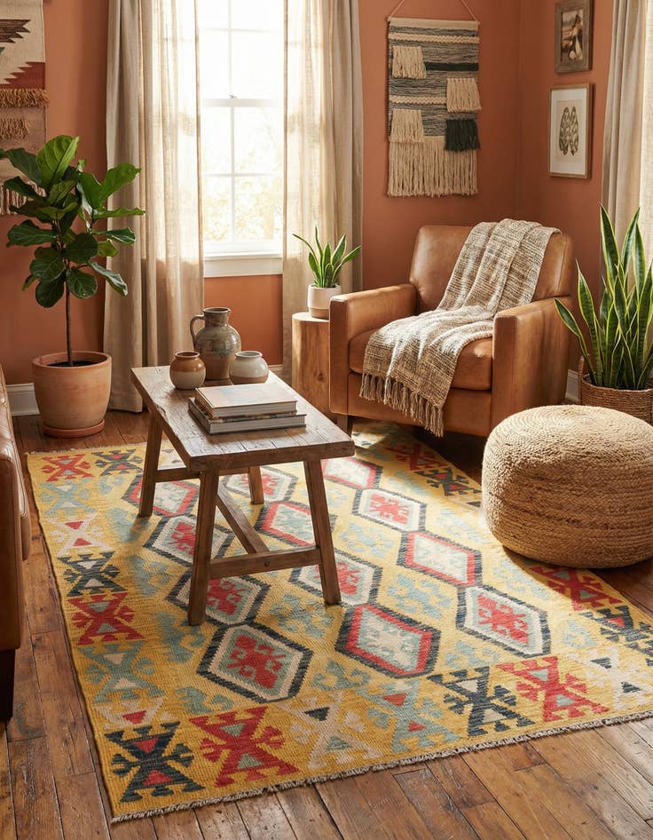 Detail image of 4' 3 x 6' 3  Hand Woven Kilim Maymana Wool Rug