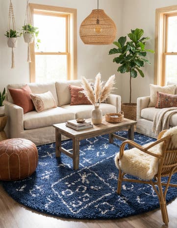 Navy Blue Moroccan Shag Round Rug
