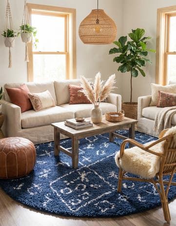 Navy Blue Moroccan Shag Round Rug