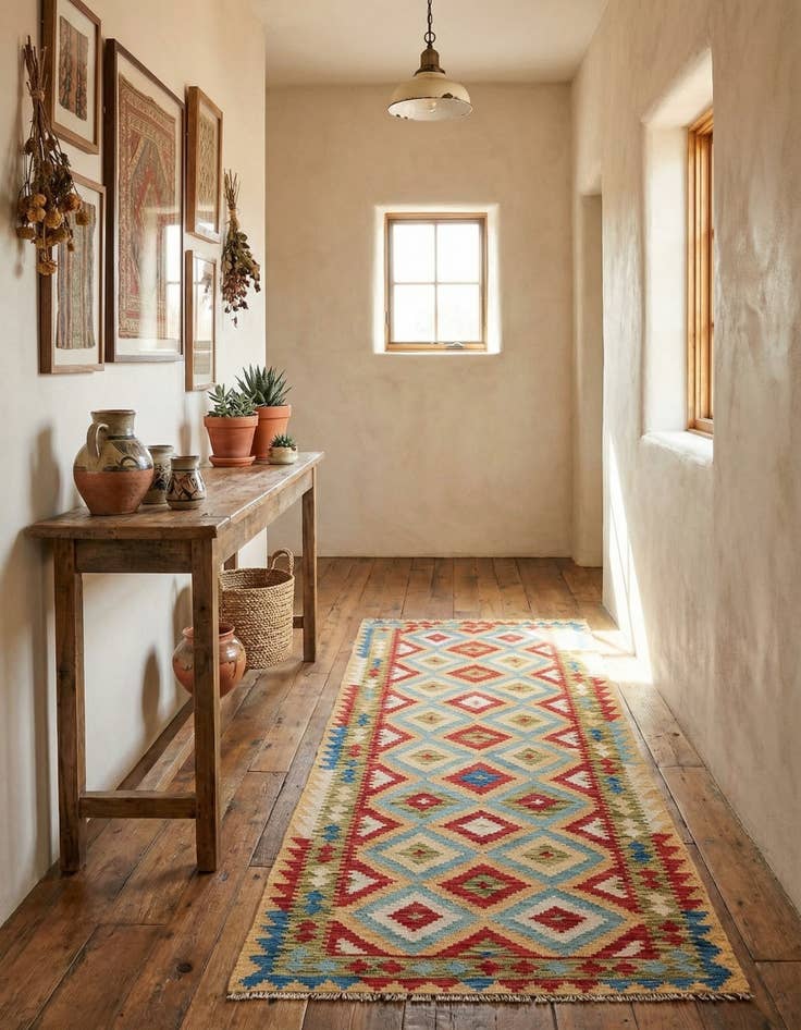 Detail image of 3' 2 x 6' 9  Hand Woven Kilim Maymana Wool Runner Rug