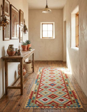 3' 2 x 6' 9 Hand Woven Kilim Maymana Wool Runner Rug