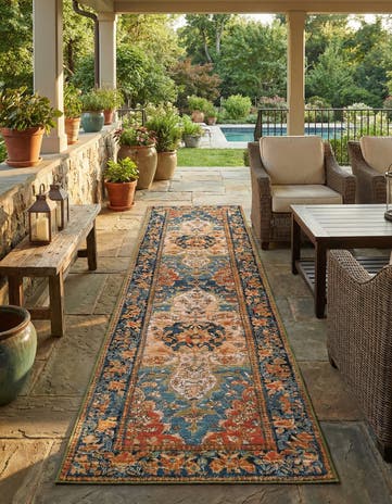 Navy Blue and Rust Red Easy-Clean Traditional Indoor / Outdoor Runner Rug
