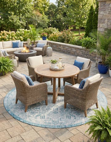 Teal Easy-Clean Aztec Indoor / Outdoor Round Rug