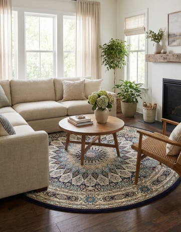 Navy Blue Nain Design Round Rug
