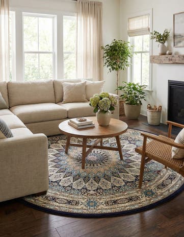 Navy Blue Nain Design Round Rug