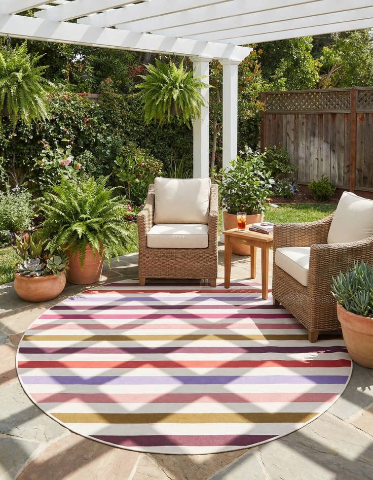 Detail image of 7' 10 x 7' 10  Washable Striped Indoor / Outdoor Round Rug
