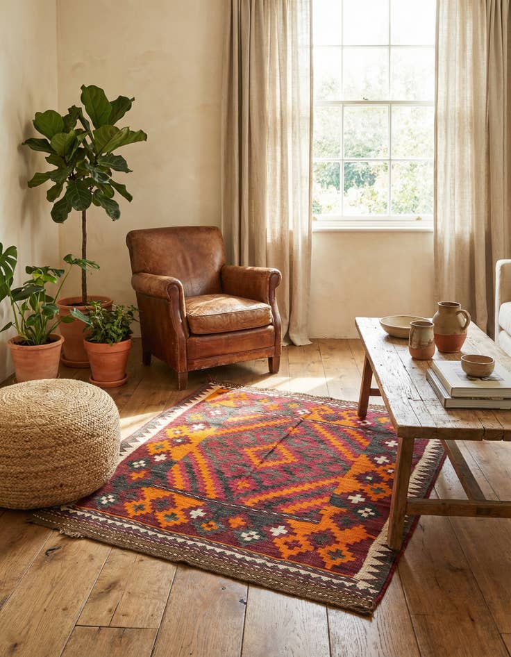 Detail image of 4' x 4' 3  Hand Woven Kilim Maymana Wool Square Rug