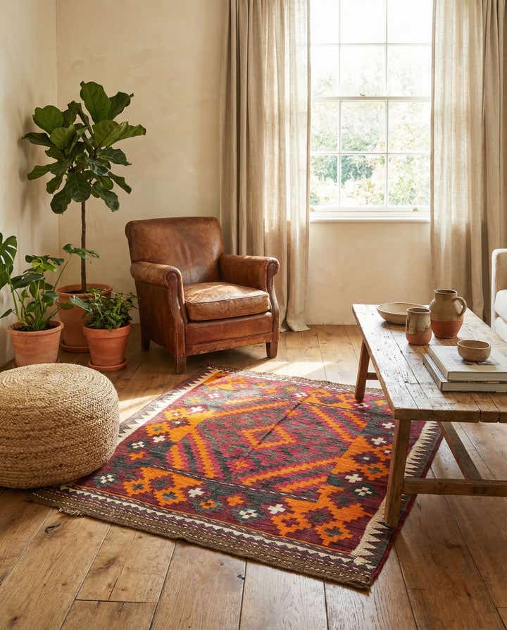 4' x 4' 3 Hand Woven Kilim Maymana Wool Square Rug