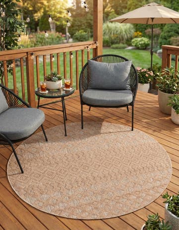 Beige Easy-Clean Trellis Textured Indoor / Outdoor Round Rug
