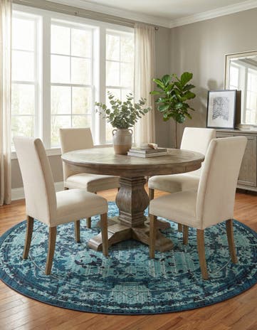 Blue Washable Fleur Round Rug