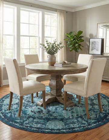 Blue Washable Fleur Round Rug