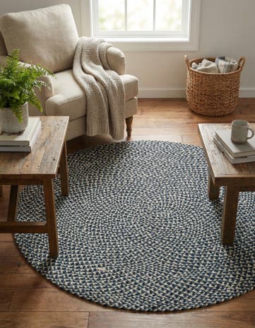 Navy Blue Handmade Tweed Braided Jute Round Rug