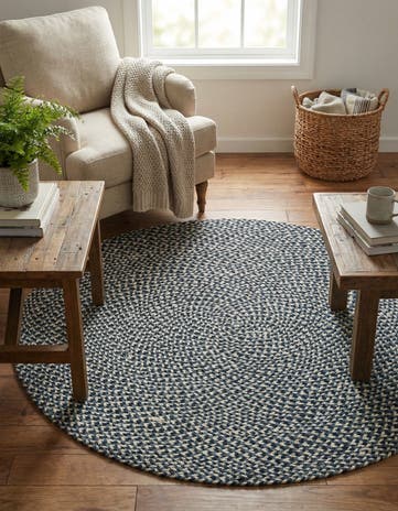 Navy Blue Handmade Tweed Braided Jute Round Rug