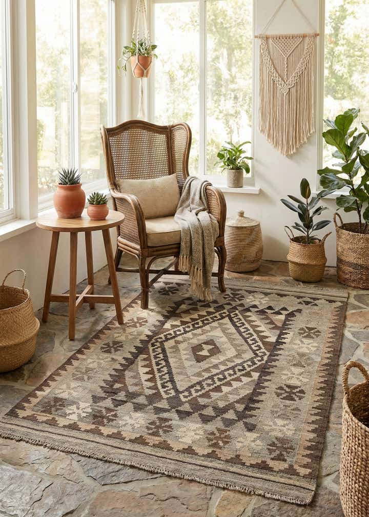 3' 2 x 4' 9 Hand Woven Kilim Maymana Wool Rug