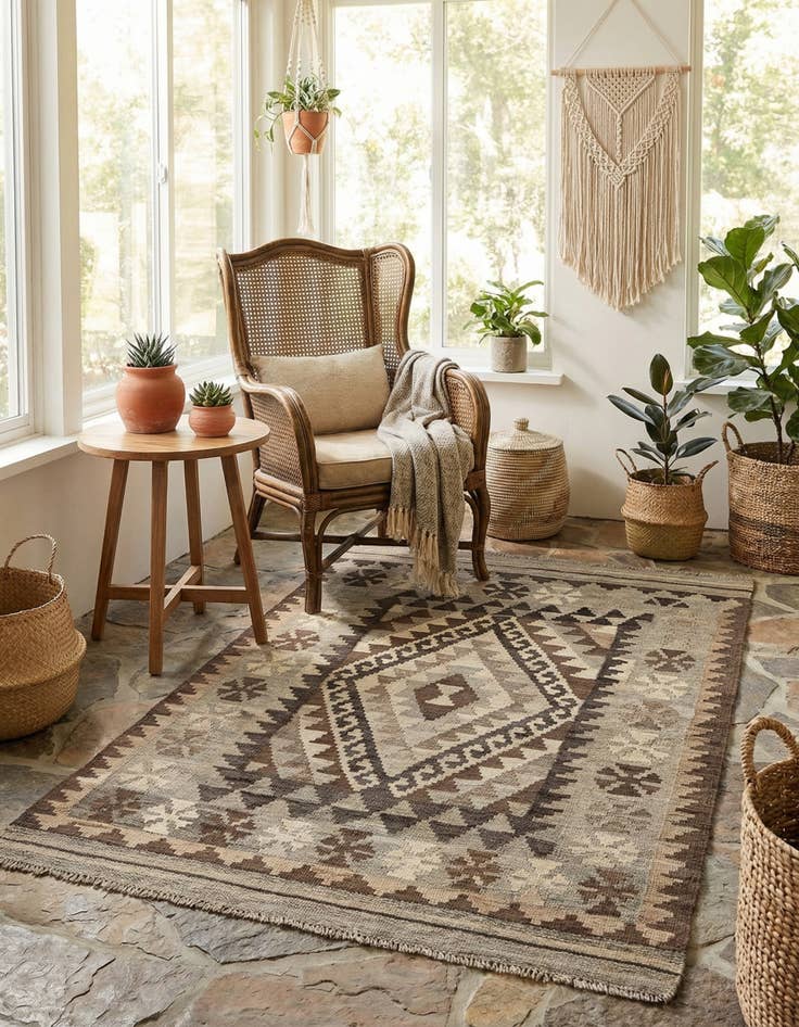 Detail image of 3' 2 x 4' 9 Hand Woven Kilim Maymana Wool Rug