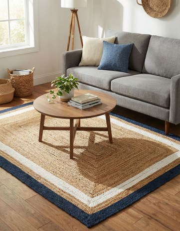 Navy Blue White Natural Handmade Braided Jute Rug