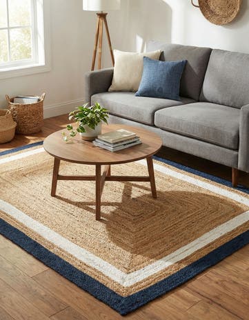 Navy Blue White Natural Handmade Braided Jute Rug