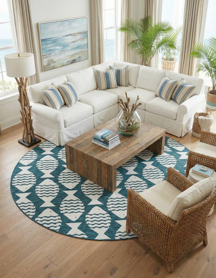 Detail image of 10' x 10'  Washable Coastal Indoor / Outdoor Round Rug