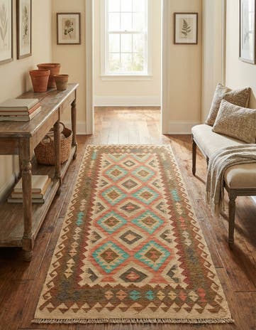 3' 4 x 6' 6 Hand Woven Kilim Maymana Wool Runner Rug