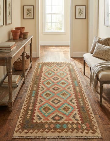 3' 4 x 6' 6 Hand Woven Kilim Maymana Wool Runner Rug