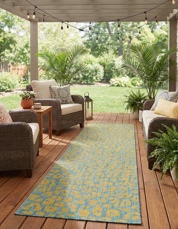 Blue Yellow Easy-Clean Safari Indoor / Outdoor Runner Rug