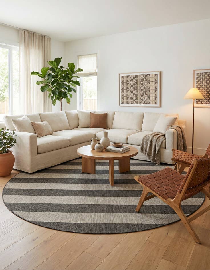 Detail image of 10' 8 x 10' 8  Washable Striped Indoor / Outdoor Round Rug