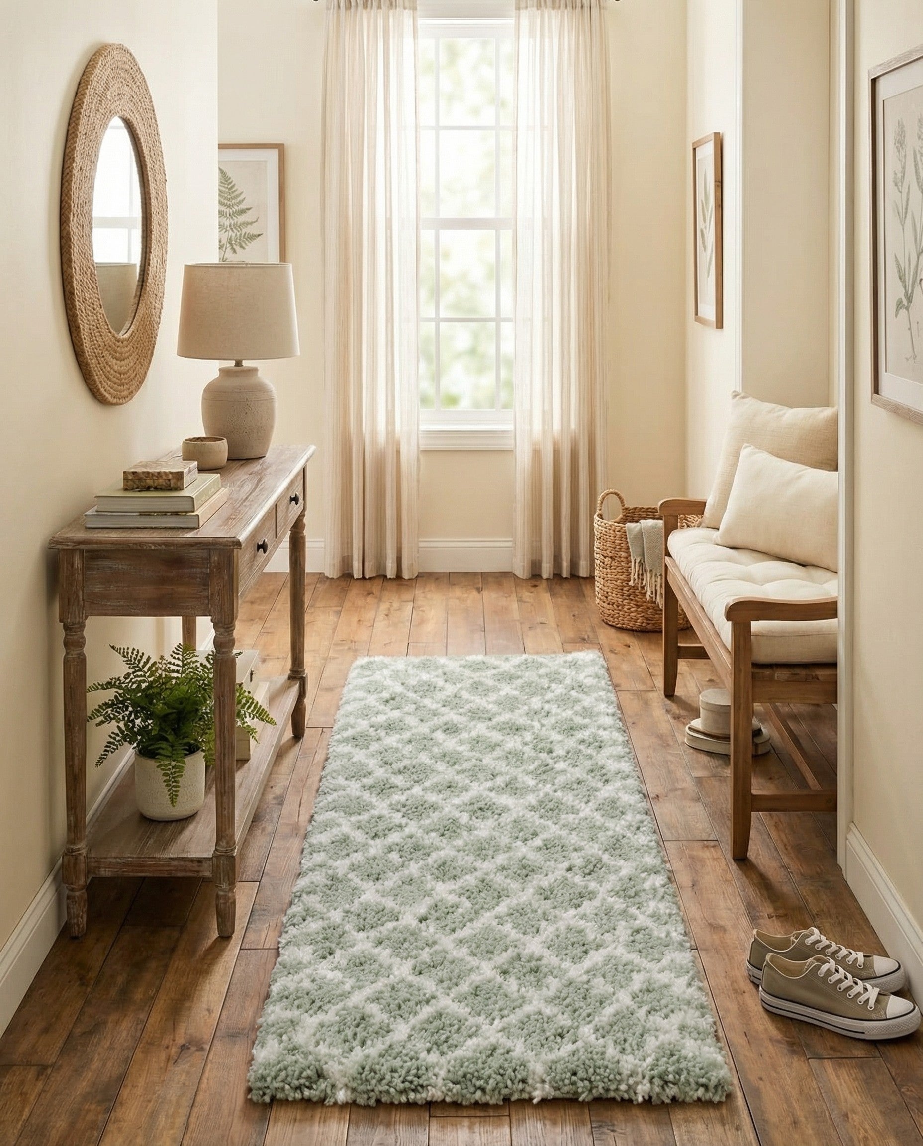 A soft, white and cyan shag runner rug with a modern abstract pattern, perfect for a hallway.