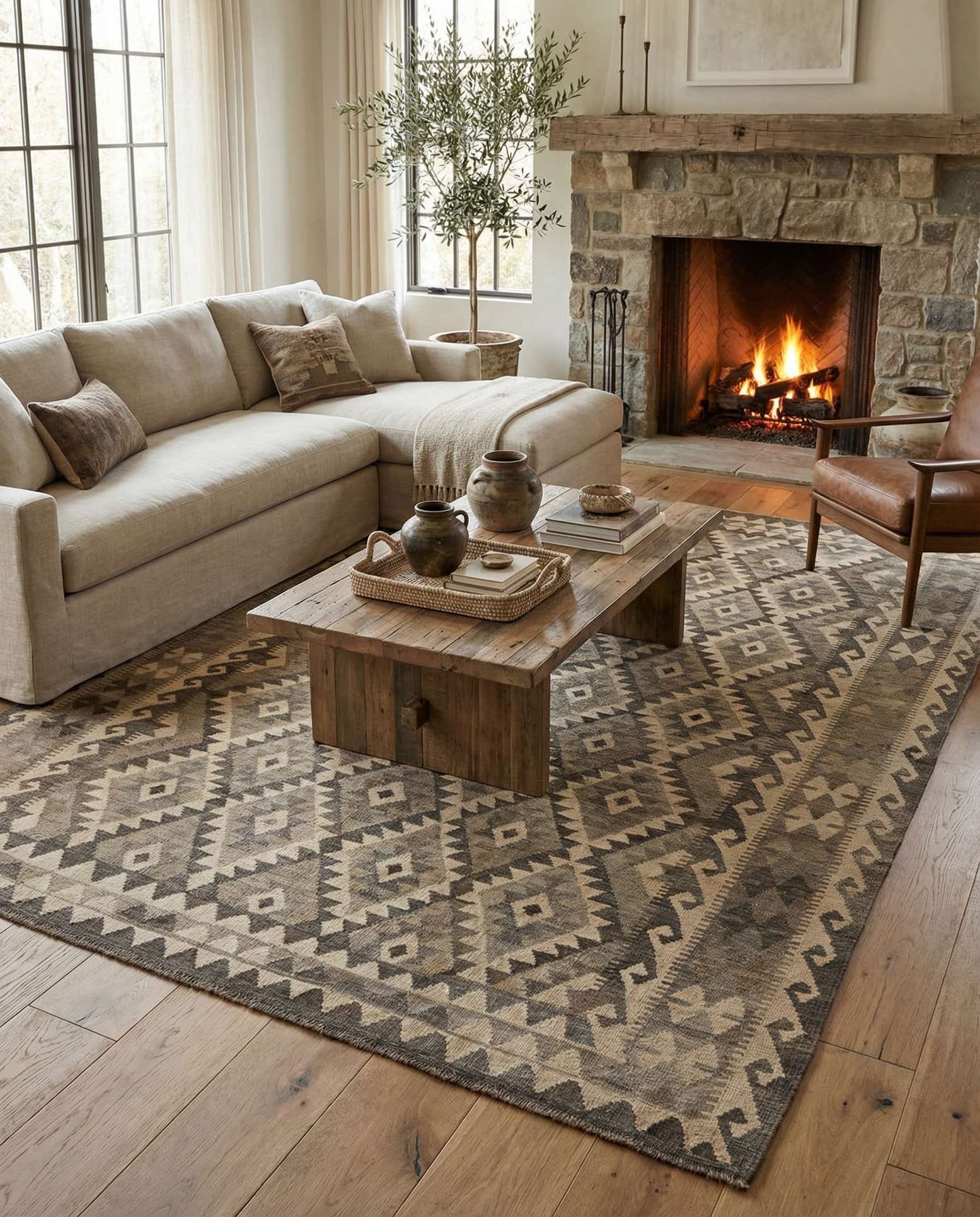 6' 8 x 9' 7 Hand Woven Kilim Maymana Wool Rug