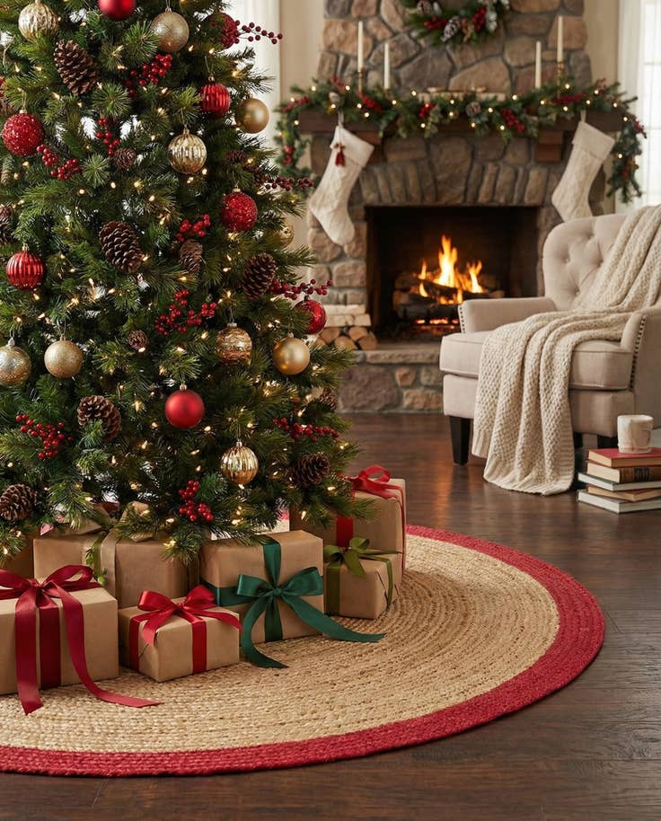 Detail image of 5' 1 x 5' 1 Hand Braided Christmas Tree Skirt