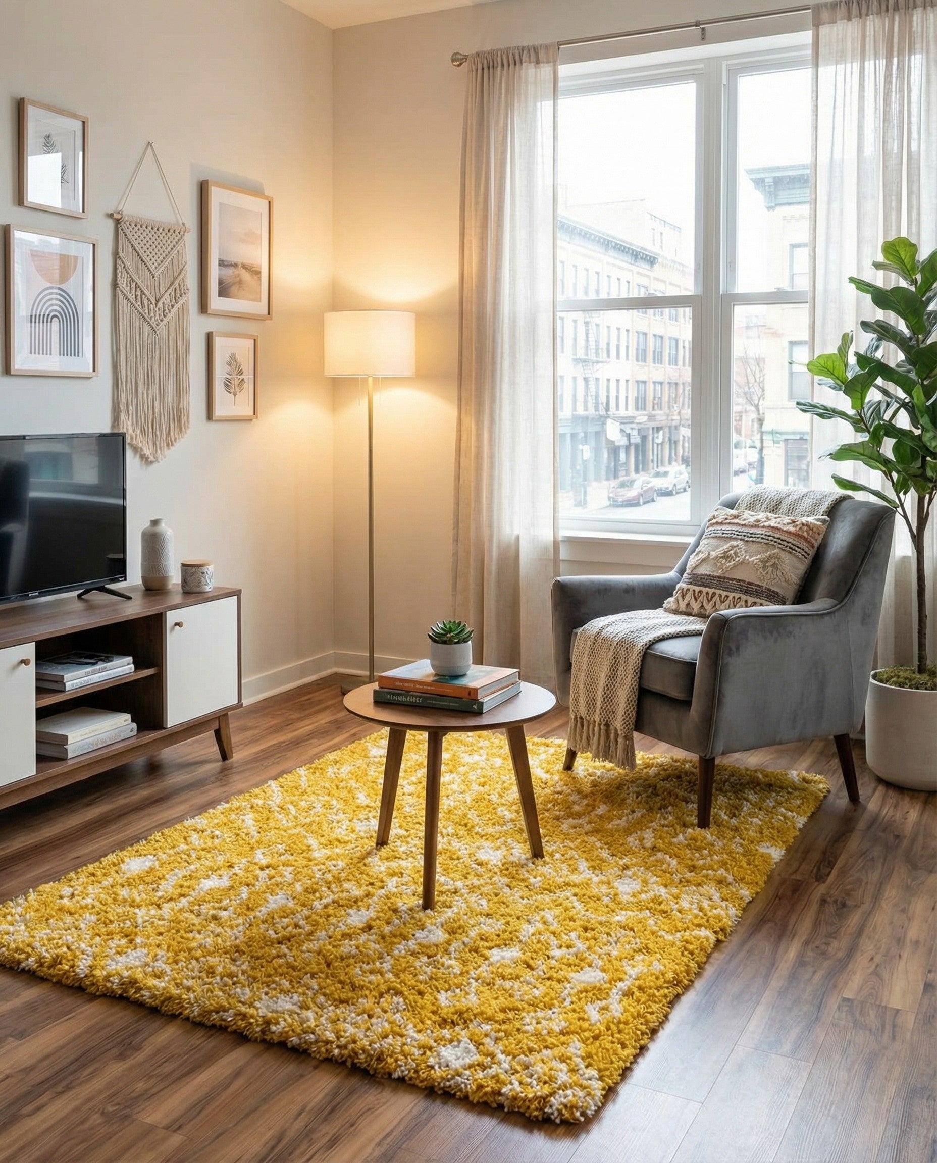 A 3'x3' square yellow shag rug with a modern tribal pattern in off-white, offering a soft texture.