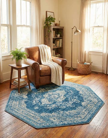 Navy Blue Dahlia Octagon Rug