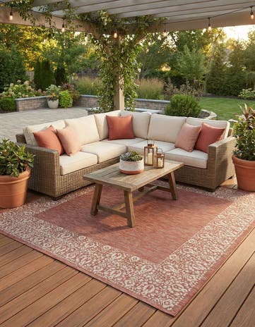 Rust Red Easy-Clean Border Indoor / Outdoor Square Rug
