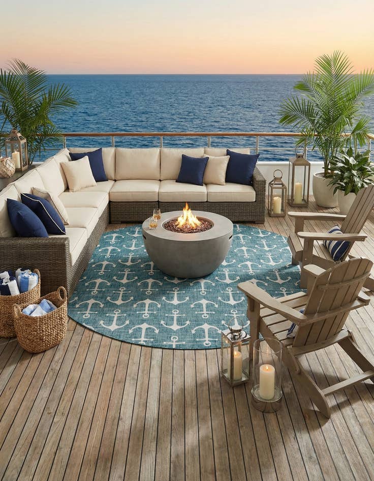 Detail image of 13' x 13'  Washable Coastal Indoor / Outdoor Round Rug