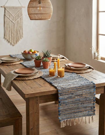Blue Hand Woven Chindi Jute Table Runner Rug
