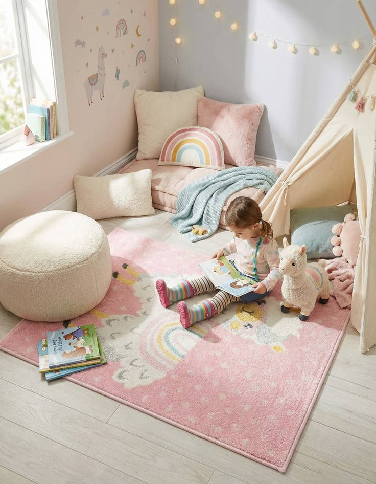 Detail image of 2' 2 x 3' Llama Whimsy Kids Rug