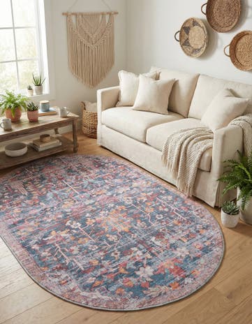 Navy Blue Washable Maahru Oval Rug