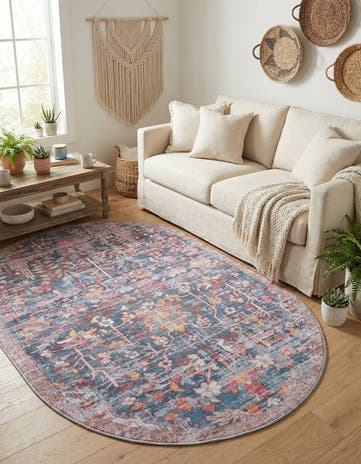 Navy Blue Washable Maahru Oval Rug