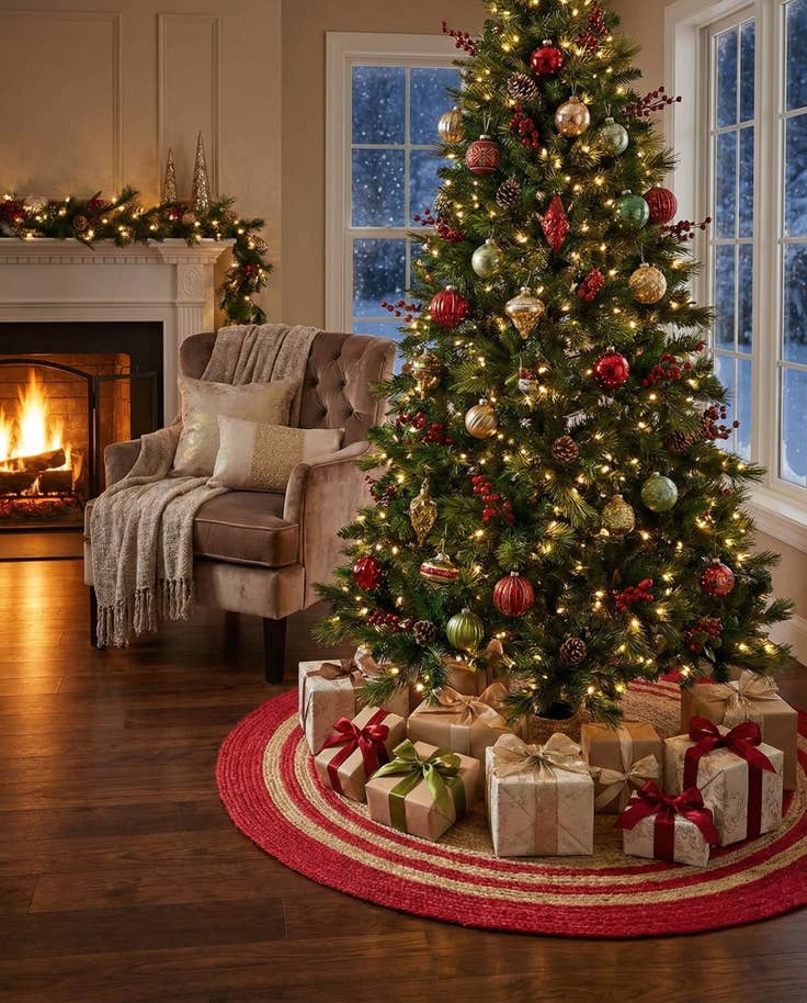Detail image of 5' 1 x 5' 1 Hand Braided Christmas Tree Skirt