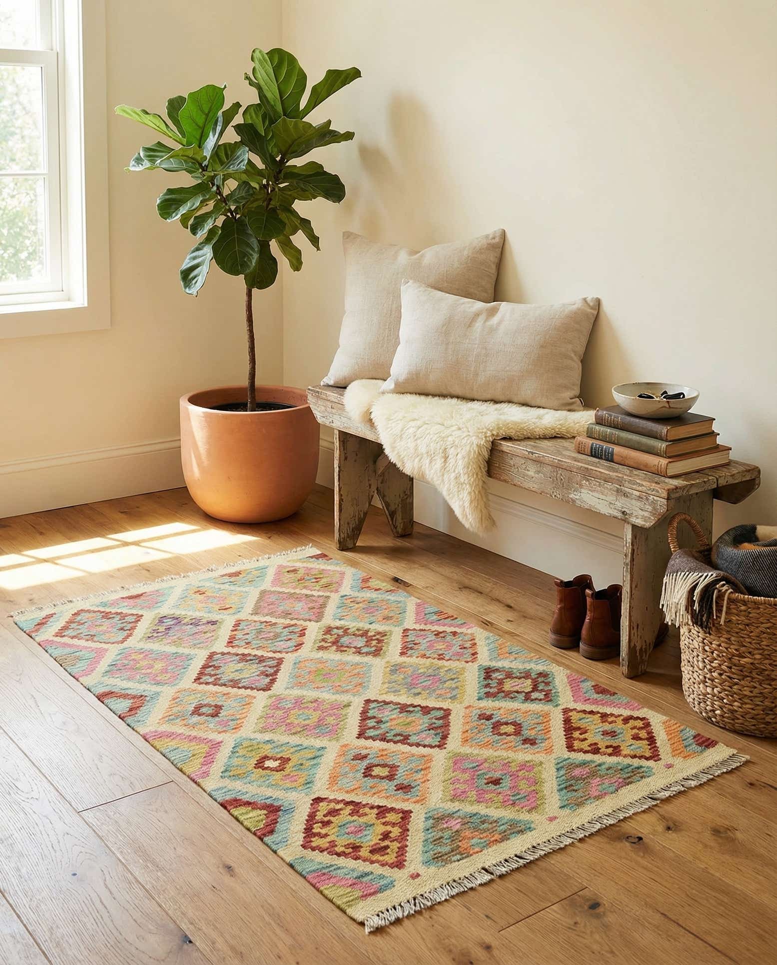 3' 2 x 4' 9 Hand Woven Kilim Maymana Wool Rug