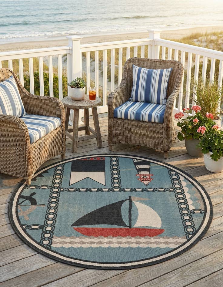 Detail image of 6' x 6' Easy-Clean Coastal Indoor / Outdoor Round Rug