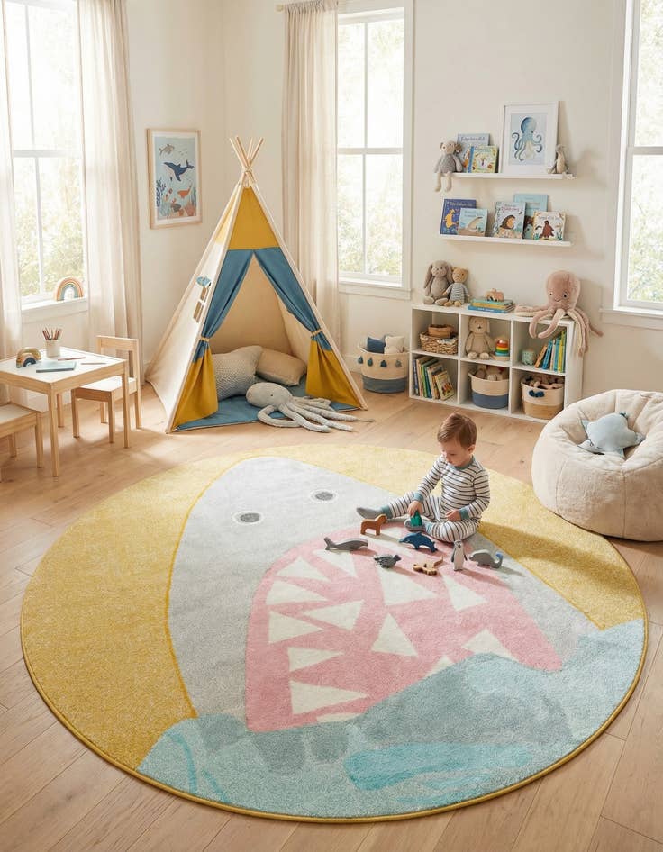Detail image of 7' 10 x 7' 10 Shark Whimsy Kids Round Rug