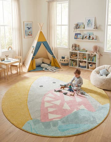 7' 10 x 7' 10 Shark Whimsy Kids Round Rug