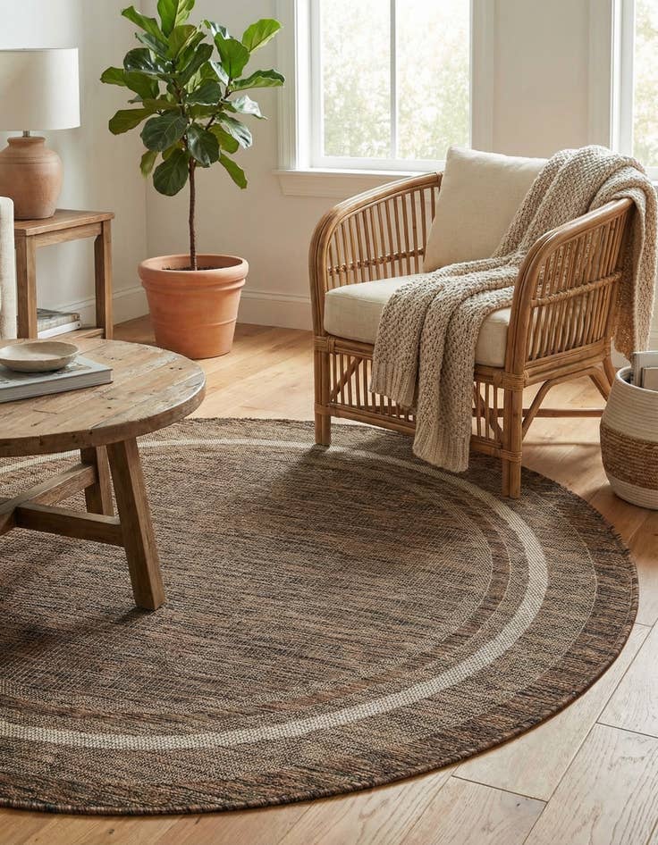 Detail image of 5' 3 x 5' 3  Washable Border Indoor / Outdoor Round Rug