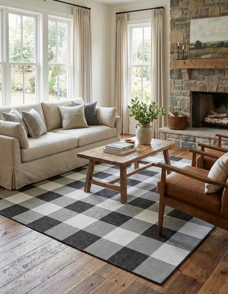 Detail image of 7' 10 x 7' 10 Easy-Clean Checkered Indoor / Outdoor Square Rug