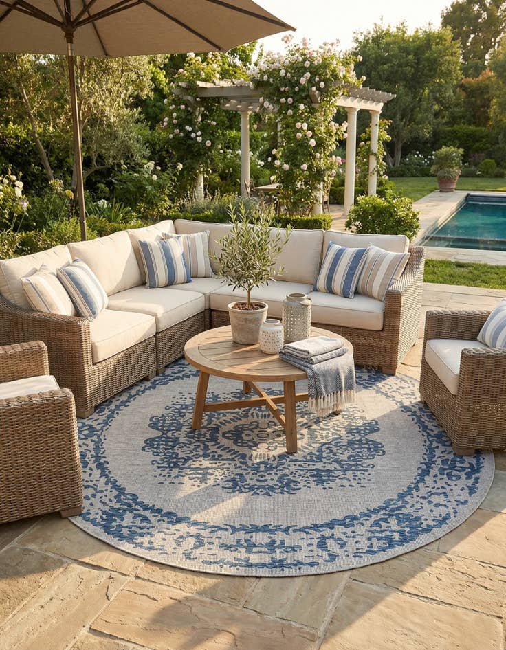 Detail image of  13' x 13'  Washable Traditional Indoor / Outdoor Round Rug
