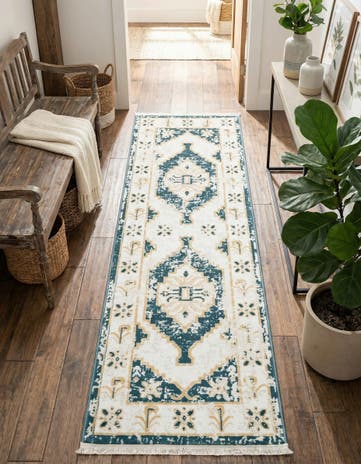 Blue and Ivory Nain Design Runner Rug