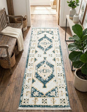 Blue and Ivory Nain Design Runner Rug