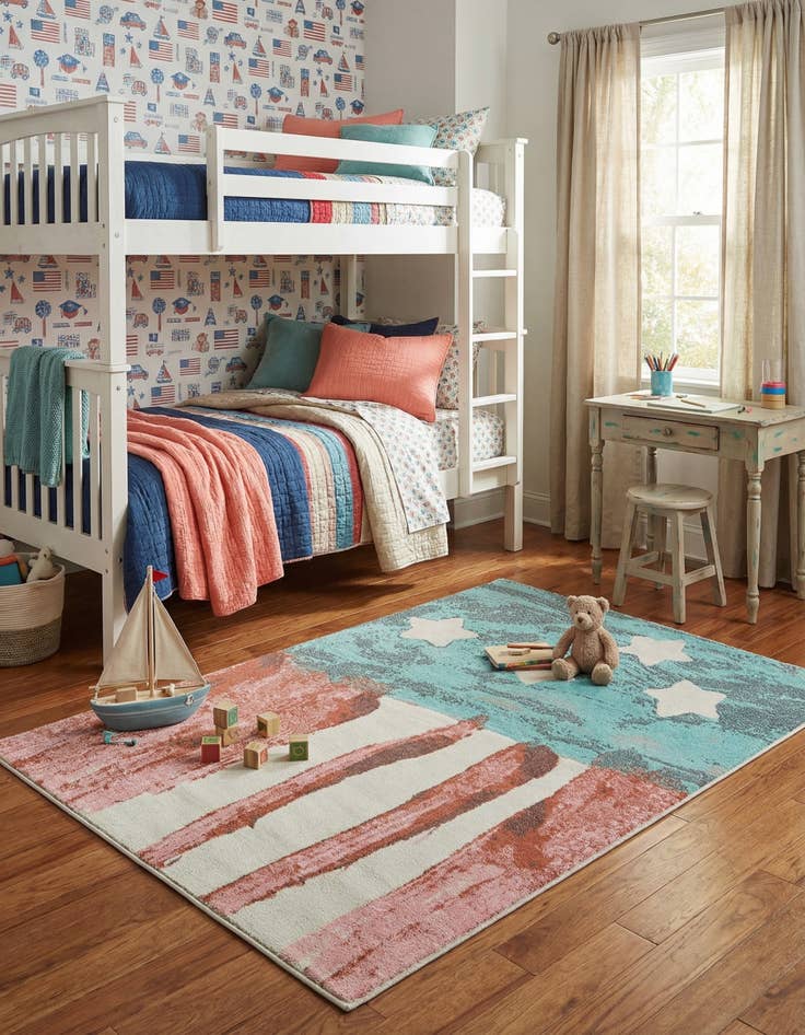 Detail image of 5' 3 x 8' American Flag Whimsy Kids Rug
