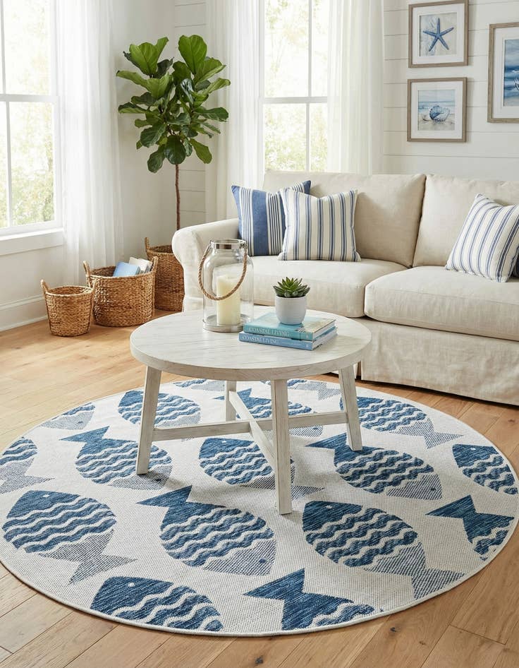 Detail image of 5' 3 x 5' 3  Washable Coastal Indoor / Outdoor Round Rug