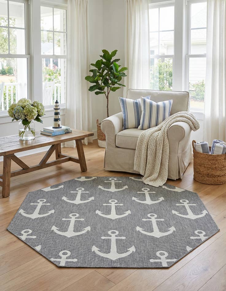 Detail image of 5' 3 x 5' 3  Washable Coastal Indoor / Outdoor Octagon Rug